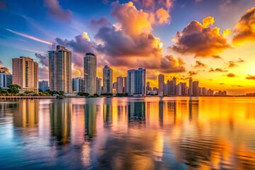 Wall Mural - Minimalist Miami Waterfront Panorama: Sun-Kissed Skyline & Ocean