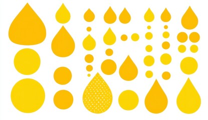 Wall Mural - Abstract image with yellow circles and various sized droplets on a white background. Simple, graphic design