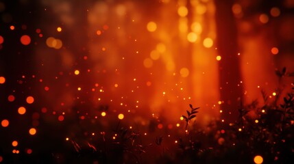 Fototapete - Bokeh lights create a warm atmosphere with bold orange and dark red hues in a secluded forest at dusk