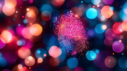 Abstract digital fingerprint formed by pink, blue, and red glowing particles against a bokeh background of blurred circles