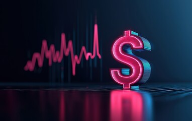 A glowing dollar sign stands prominently against a dark background, with a dynamic line graph indicating financial trends and movements.