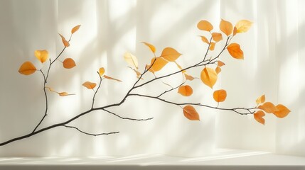 Poster - A branch with yellow leaves against a bright window. Soft light and shadows create a peaceful autumnal scene