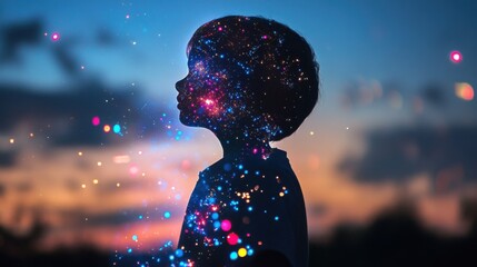 Poster - Vibrant visualization of a child glowing against a twilight backdrop emphasizing imagination and wonder