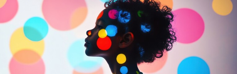 Aufkleber - Child illuminated by colorful dots in artistic background during daylight hour