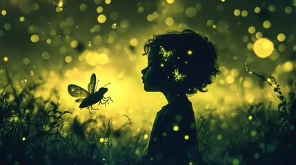 Aufkleber - Vibrant visualization of a glowing child interacting with a magical creature in a serene outdoor setting at twilight