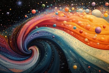 Wall Mural - abstract cosmic swirl with vibrant colors and celestial bodies in a dynamic space-themed digital art
