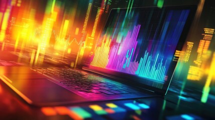 Poster - Vibrant digital financial activity displayed on a laptop with colorful graphs and charts illuminated by glowing lights