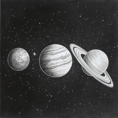 Poster - Trio of planets aligned in the depths of space showcasing cosmic harmony and celestial beauty