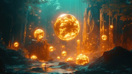 Poster - Symbolic depiction of collectible spheres illuminated in a vibrant forest setting during mystical twilight