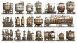 © DARIKA - Line icon set for the oil and gas refinery sector with pixel-perfect design and editable stroke weight, showcasing refining equipment, pipelines, storage tanks, and machinery.