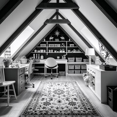 Wall Mural - Attic craft room area black and white on plain white background