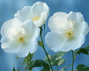 Canvas Print - Three White Wild Roses in Bloom Against a Blue Background, Floral Photography, Soft Natural Light