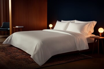 Poster - Deep navy walls frame a serene bedroom featuring a king-size bed with crisp white linens, a soft rug, and warm lighting for a cozy atmosphere