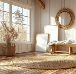 Poster - Bright sunlight streams into a rustic room with beige walls, wooden floors, and a large window overlooking autumn trees. A round rug, wooden bench