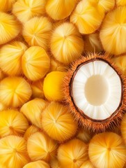 Wall Mural - Golden Fruits Close Up - A vibrant close-up of numerous golden hairy fruits, with one halved coconut revealing its white flesh.  Symbolizing abundance, nature's bounty, tropical paradise