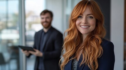 Wall Mural - Businesswoman with auburn hair smiling confidently in a modern office setting during a sunny day