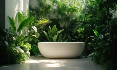 Wall Mural - Bright and white bathroom with a variety of green plants of deep forest style