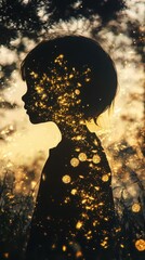 Leinwandbilder - Exploration of a child's silhouette illuminated by enchanting light during sunset in a tranquil natural environment