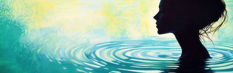 Poster - Glowing woman in water reflects serenity and calmness at dawn in a tranquil natural setting