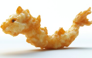 Poster - Crispy fried food shaped like a dragon, light golden brown, detailed texture, on a white background. Fun, unique food photography