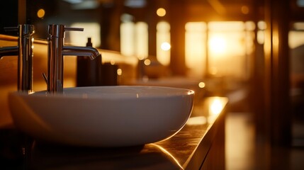 Poster - A sleek white sink with a chrome faucet sits atop a modern bathroom vanity, illuminated by warm natural light filtering through a frosted window at sunset