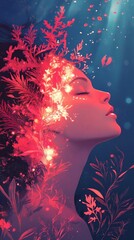 Aufkleber - Portrait of a serene woman surrounded by vibrant underwater plants and glowing elements in a mystical environment