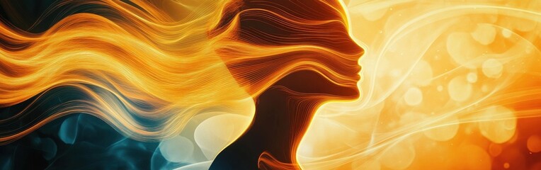 Aufkleber - Portrait of a glowing woman with flowing hair, exuding serenity in a dreamlike atmosphere of light and color