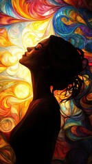 Poster - Serene portrait of a woman radiating warmth and light against a vibrant swirling background