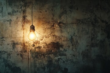 Glowing bulb, dark cellar wall, hope, grunge background