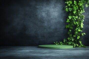 Aufkleber - Fresh summer style presented through a minimalist podium setup featuring a cascading leafy plant against a textured concrete wall, offering ample copy space