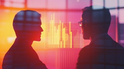 Leinwandbilder - Consultants engaged in analysis with visual data representation at sunset
