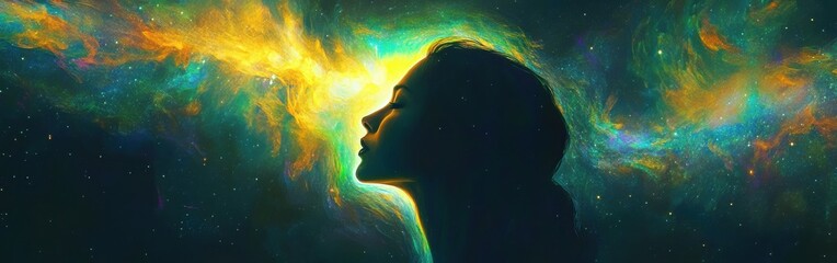 Poster - Mystical woman glowing with cosmic energy surrounded by vibrant nebulae in a starlit universe