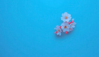 Wall Mural - White blossoms on a light blue background. Delicate spring flowers arranged simply. Ideal for spring themes