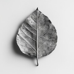 Wall Mural - Black and white close up photograph of a single, dried leaf on a light gray background. The leaf's texture and veins are highly detailed