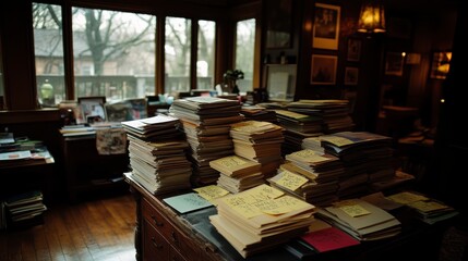 Sticker - Stacks of books and papers on a wooden desk in a dimly lit room with large windows showing a wintery outdoor scene