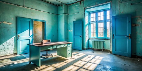 Wall Mural - Pastel Blue Office Desk & Door: Minimalist Workspace Prototype - Urban Exploration Photography