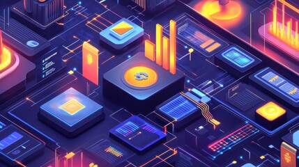 Aufkleber - Futuristic financial technology landscape with digital graphs and currency symbols illustrating modern economic trends
