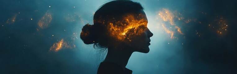 Poster - Conceptual representation of a woman with a cosmic phenomenon illustrating imagination and creativity in a mystical atmosphere
