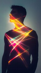 Aufkleber - Man glows with vibrant light patterns against a dark background, showcasing creativity and energy in visual art