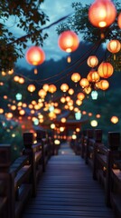 Poster - Bridge adorned with lanterns illuminates the night in a tranquil setting near a serene landscape