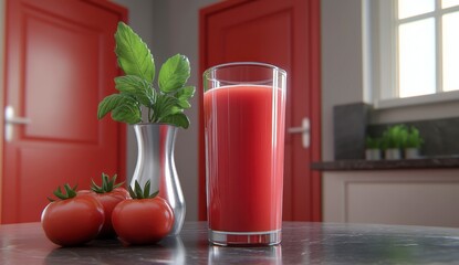 Wall Mural - Glass of tomato juice with fresh tomatoes and herbs on kitchen counter. Red doors and speckled countertop visible in background. Bright, natural