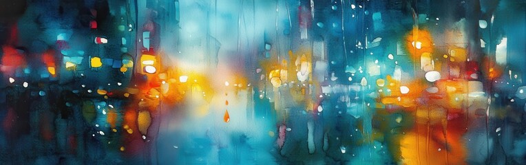 Poster - Vibrant watercolor depicting a close-up view of a bustling city street at night illuminated by colorful lights