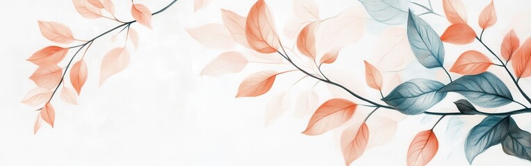 Aufkleber - Pastel-toned branches with delicate peach and powder leaves gently swaying in a serene setting