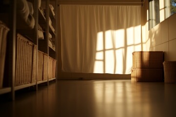 Leinwandbilder - A bright storage room features a white fabric draped on shelves, wicker baskets on the floor, and sunlight streaming through a window, creating soft shadows