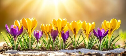 Canvas Print - Yellow and Purple Crocus Flowers Blooming on Sunny Meadow in Early Spring. Beautiful Spring Flowers.