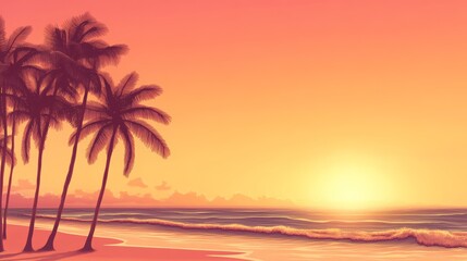 Wall Mural - Gentle waves washing a tropical beach at sunset, with silhouettes of palm trees creating a serene and peaceful landscape, perfect for summer vacation or travel themes