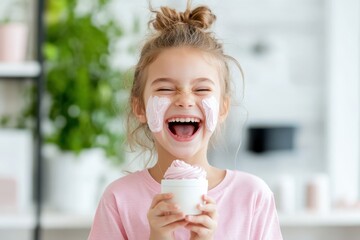 a delighted young girl, with smeared skincare cream, laughs joyously, exuding carefree happiness and