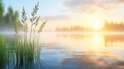 Poster - Serene sunrise over calm lake, misty morning, green plants in foreground, warm sunlight reflecting on water, peaceful landscape