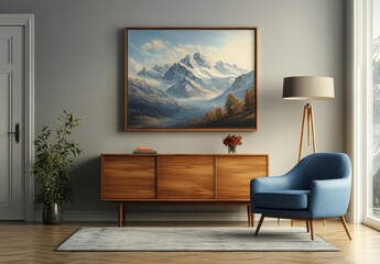 Wall Mural - Modern living room interior with a mountain landscape painting, wooden sideboard, blue armchair, and floor lamp. Neutral color palette