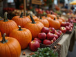 © Salvador - Autumn Harvest Fair with Pumpkins and Apples Arranged in Heart Shapes at Market Stalls